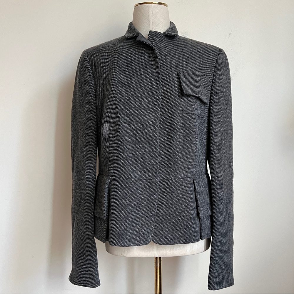Akris Punto Textured Wool Peplum Pocket Blazer Dark Grey Size US 10